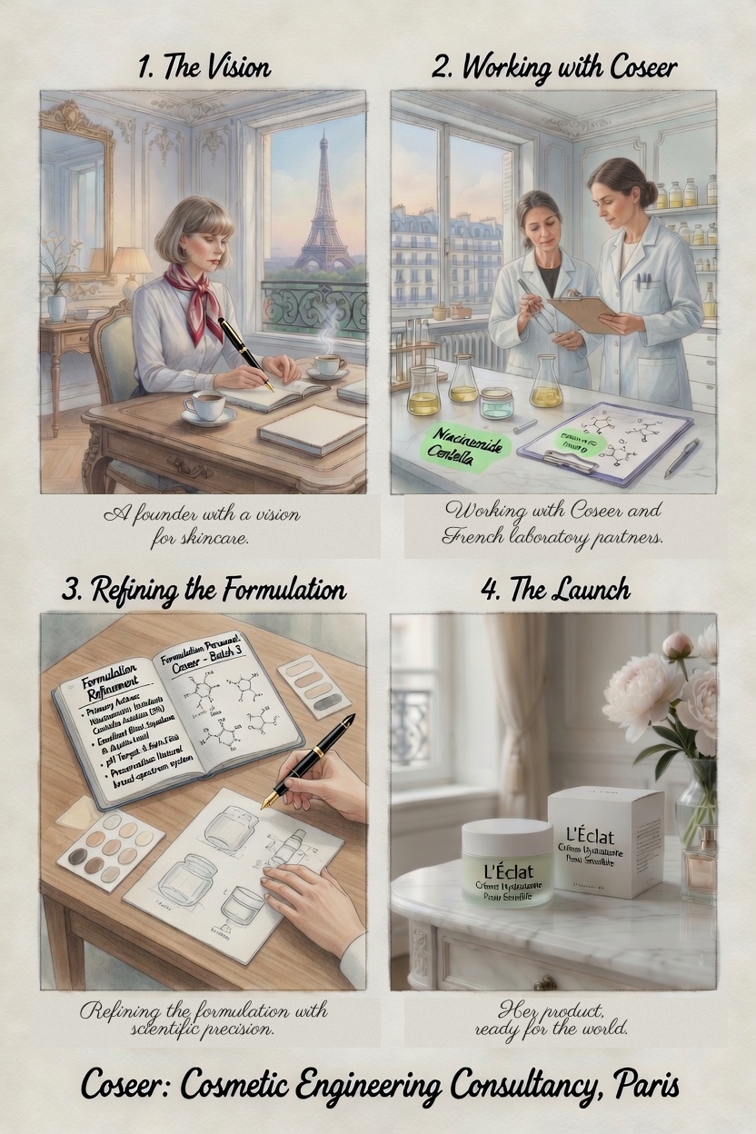 Coseer: From Concept to Product — four-stage illustration showing inspiration, research, design and launch
