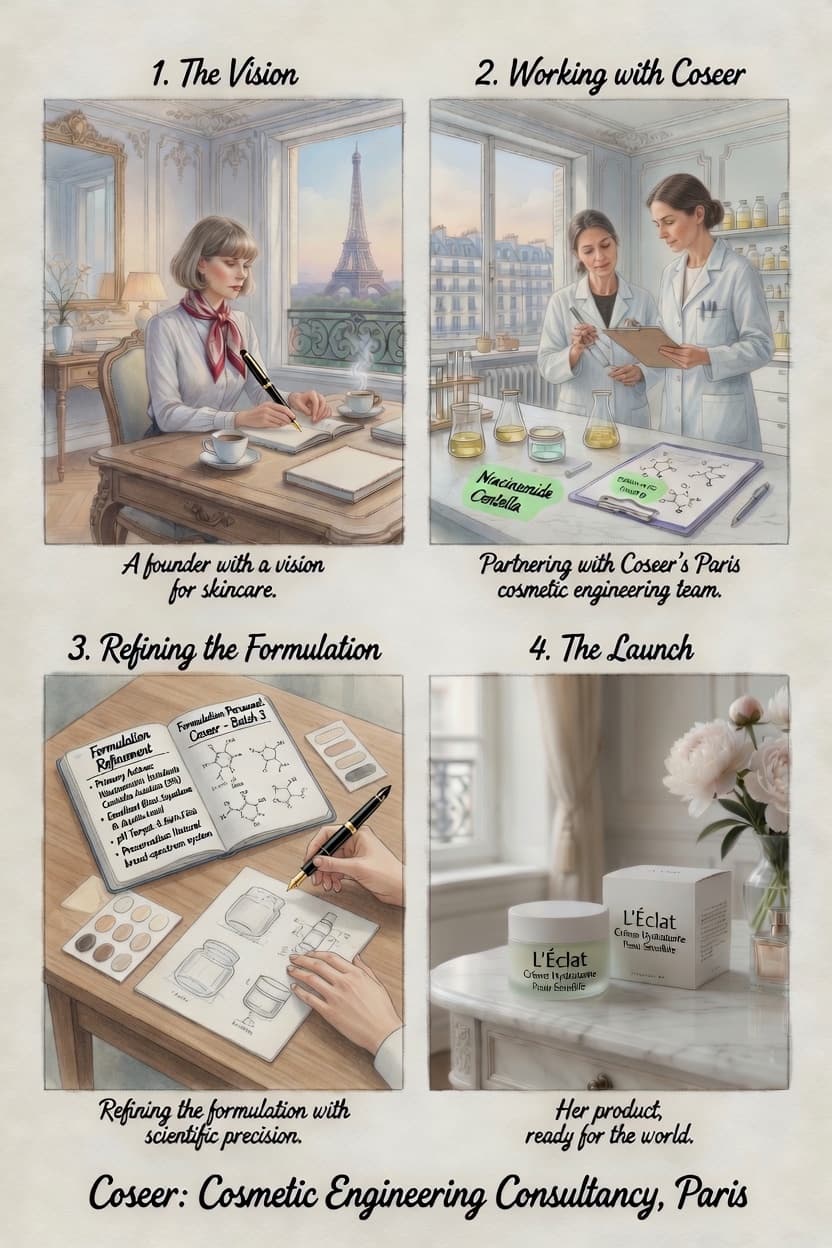 Coseer: From Concept to Product — four-stage illustration showing inspiration, research, design and launch